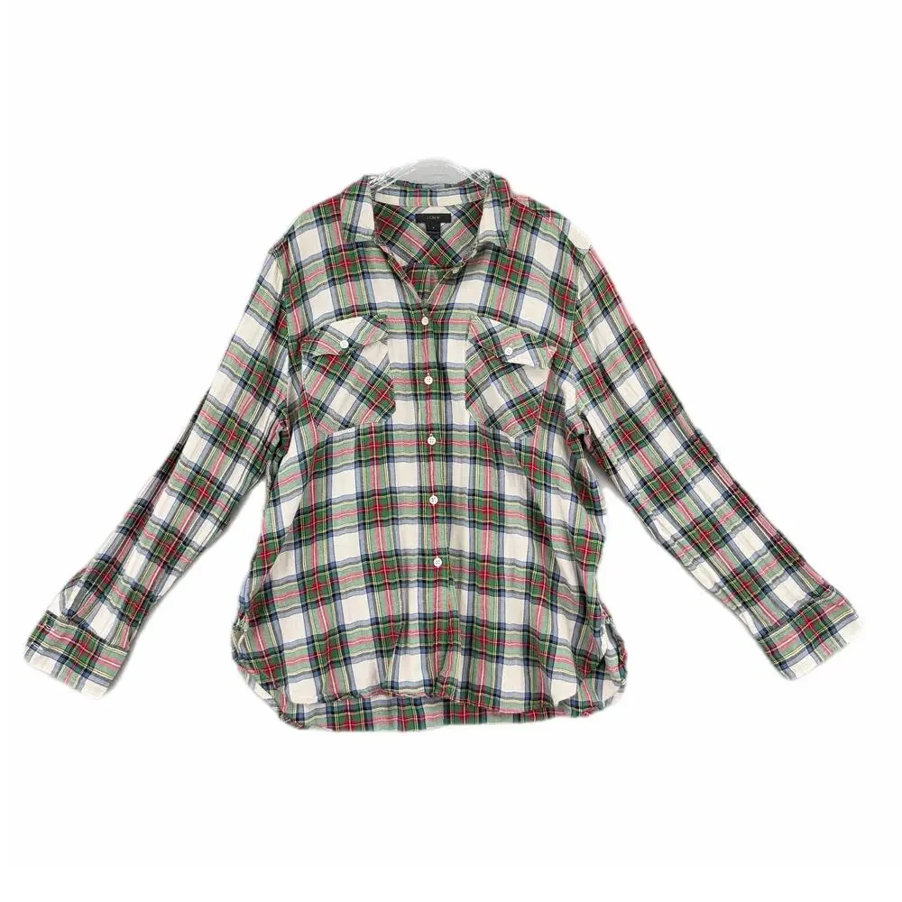 J. Crew Cotton Ivory Blue Green Plaid Plus Tartan Button Down Collared Top